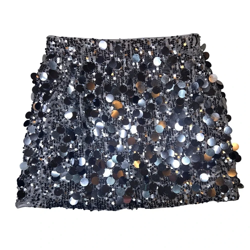 Silver Sequin Mini Skirt Metallic Disc Party Festival Night Out Shiny Womens